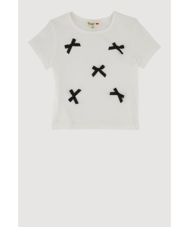 Little Girls Ribbed Knit Bow Short Sleeve Tee