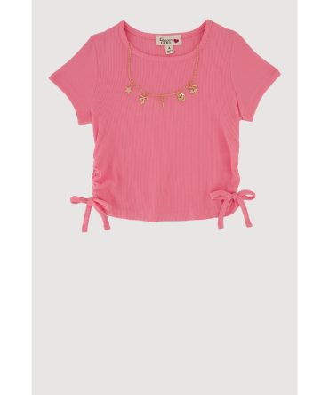 Little Girls Ribbed Knit T-Shirt with Charm Necklace