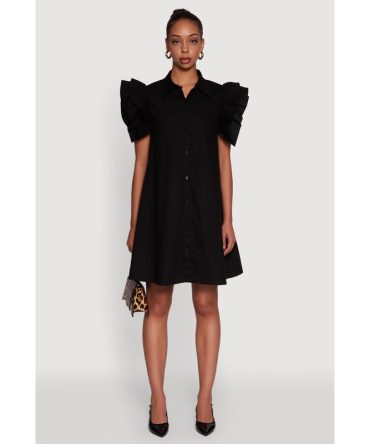 Poplin Button Front Flutter Sleeve Dress