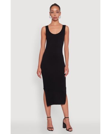 Rib Knit Scoop Neck Side Slit Tank Dress
