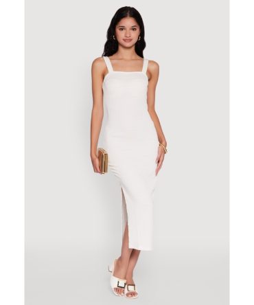 Textured Knit Sleeveless Side Slit Midi Dress