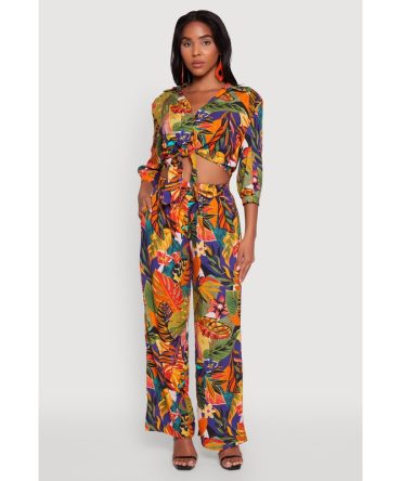 Trendy High Waisted Floral Wide Leg Pants