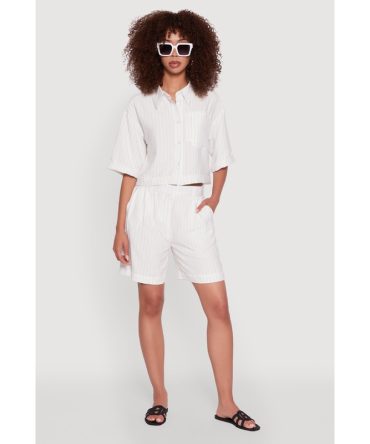 Trendy High Waisted Pinstripe Crepe Knit Shorts