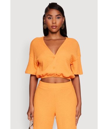 Trendy Textured Knit Button Front V-Neck Blouse