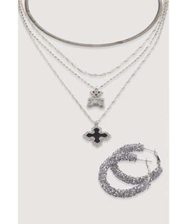 Assorted Charm Layered Necklace with Hoop Earrings