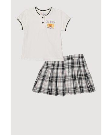 Girls Queen Of Everything Bear Polo Shirt and Plaid Skirt