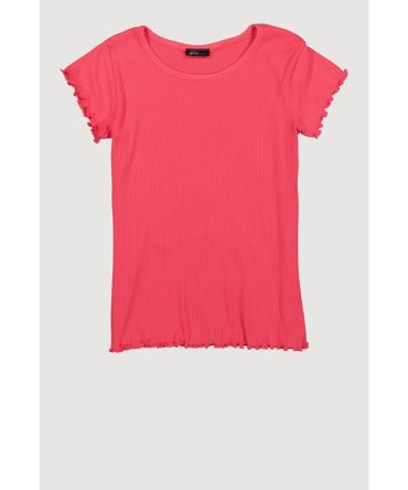 Girls Ribbed Knit Lettuce Edge Short Sleeve Top