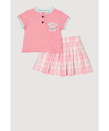 Little Girls Brooklyn New York Graphic Tee and Plaid Skort
