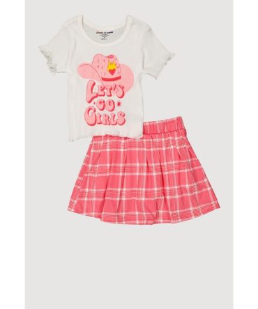 Little Girls Lets Go Girls Cowgirl Top and Plaid Skort