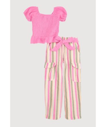 Toddler Girls Puff Sleeve Smocked Top and Striped Cargo Pants