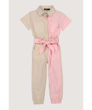 Toddler Girls Two Tone Poplin Tie Waist Belted Jumpsuit