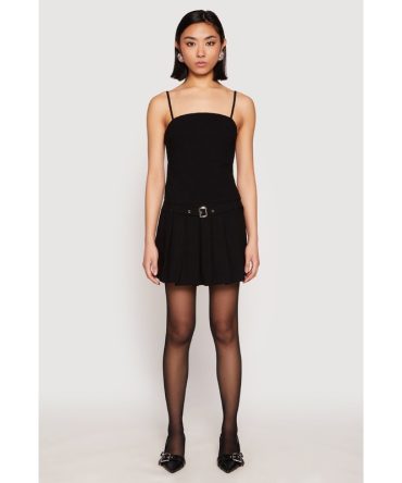 Belted Front Pleated Drop Waist Dress
