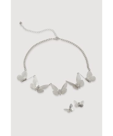 Cubic Zirconia Butterfly Chain Necklace and Stud Earrings