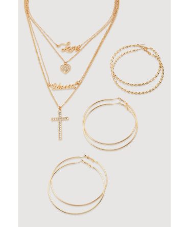 Cubic Zirconia Heart Charm Layered Necklace with Hoop Earring Trio