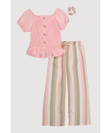 Girls Puff Sleeve Peasant Top and Striped Pants with Scrunchie