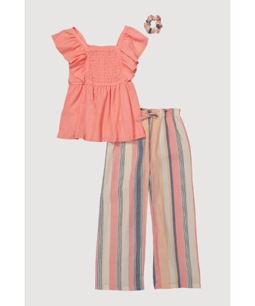 Girls Smocked Sleeveless Top and Striped Pants with Scrunchie