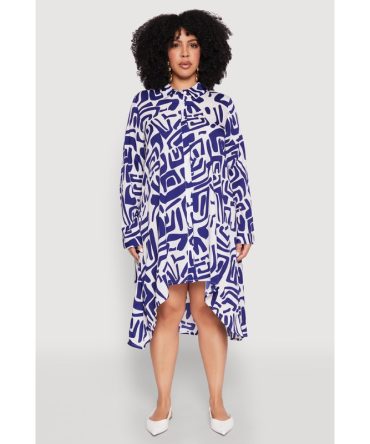 Plus Size Abstract Patterned High Low Shirt Dress