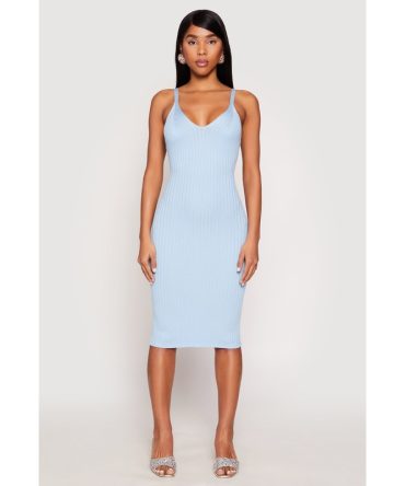 Ribbed Knit V Neck Midi Dress