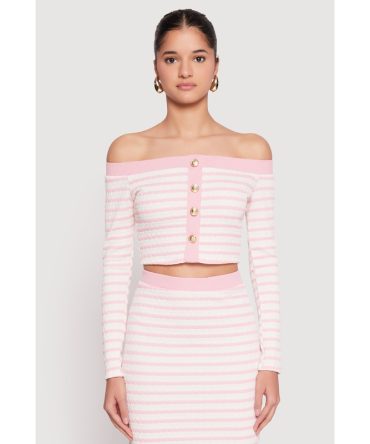 Textured Knit Striped Off the Shoulder Top