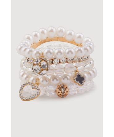 Assorted Faux Pearl Beaded Charm Stretch Bracelets Set of 5