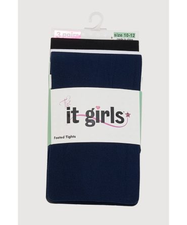 Girls Basic Footed Tights 3 Pack Size 10-12