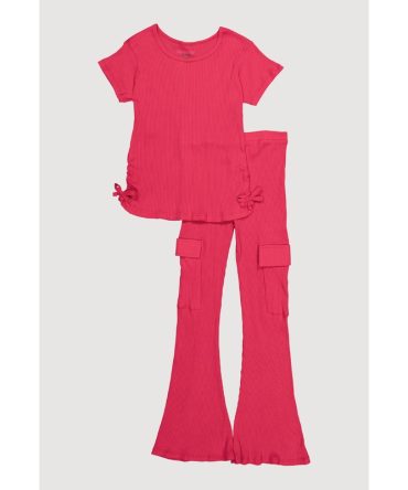 Girls Ribbed Knit Ruched Side Top and Cargo Flared Pants