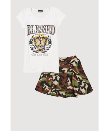 Little Girls Blessed Rhinestone Graphic Tee and Camo Skort