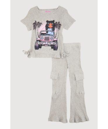 Little Girls Ribbed Knit Graphic Tee and Cargo Flared Pants