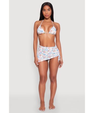 Tropical Postage Print Ruched Cover Up Skirt