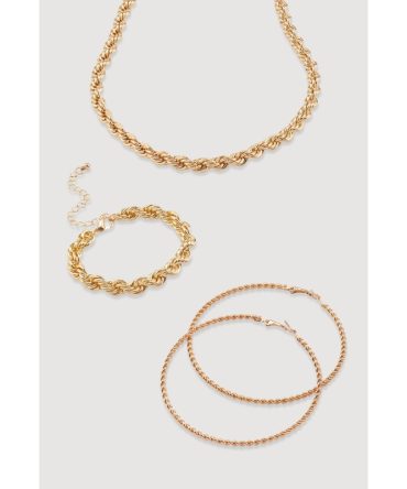Twisted Rope Chain Necklace and Bracelet with Hoop Earrings
