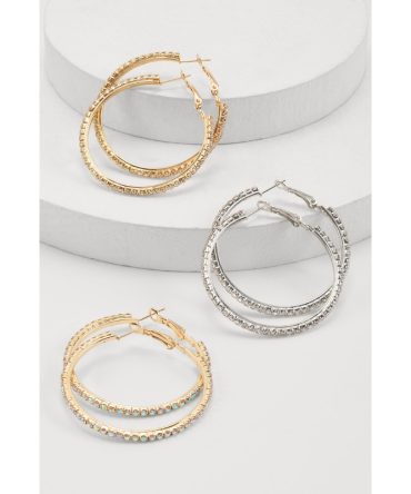 Assorted Rhinestone Studded Hoop Earrings Set of 3