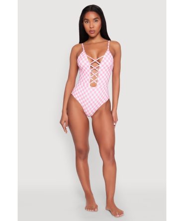 Checkered Print Caged Front One Piece Swimsuit