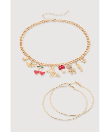 Cherries Y2K Charm Necklace and Hoop Earrings