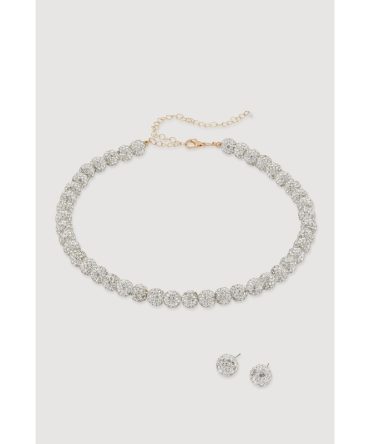 Cubic Zirconia Beaded Necklace and Stud Earrings