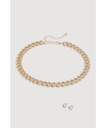 Cubic Zirconia Chain Link Necklace with Stud Earrings