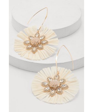Faux Pearl Rhinestone Studded Raffia Flower Drop Earrings