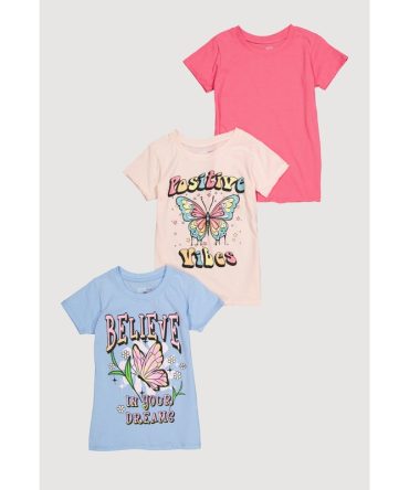 Girls Positive Vibes Butterfly Graphic Tees 3 Pack