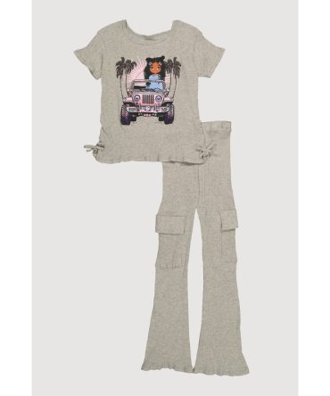 Girls Ribbed Knit Graphic Top and Cargo Flared Pants