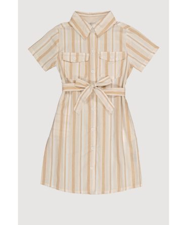 Girls Striped Tie Waist Belt Shirt Dress