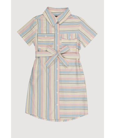 Girls Striped Tie Waist Belted Shirt Dress