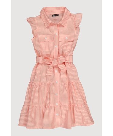 Girls Striped Tie Waist Tiered Shirt Dress