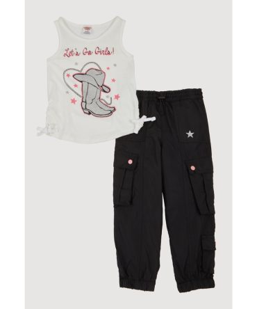 Little Girls Lets Go Girls Glitter Graphic Tank Top and Cargo Joggers