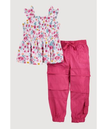 Toddler Girls Floral Print Smocked Top and Cargo Joggers