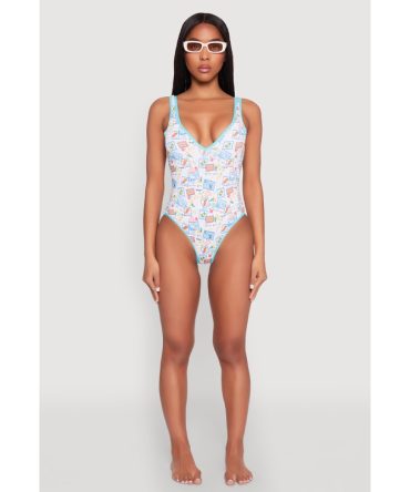Tropical Stamp Print One Piece Swimsuit